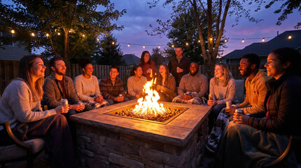 Fototapeta premium Diverse Group of Friends Gathered Around Fire Pit at Dusk