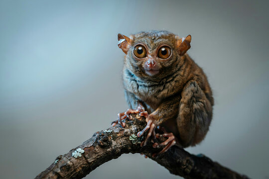 Close up portrait of a tarsier perched on a tree branch with big eyes, wildlife