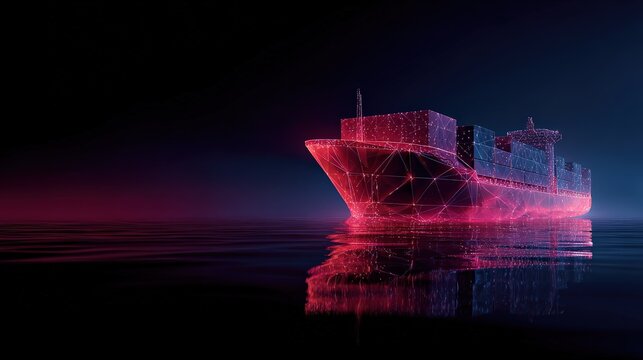 A digital representation of a cargo ship, illuminated by vibrant pink and blue neon lights, floats on a calm body of water. ..Created with Generative AI, not depicting real subjects.
