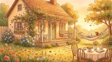 Fototapeta premium Relaxing Cottage in Garden tranquil scene cottage thatched roof vibrant flowers lush greenery
