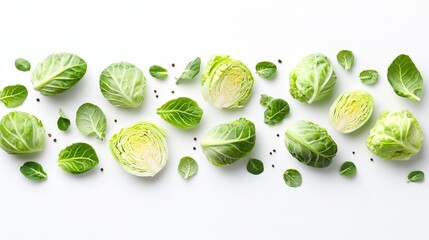 Obraz premium Fresh Raw Brussels Sprouts and Scattered Cabbage Leaves Isolated on a Clean White Background Set