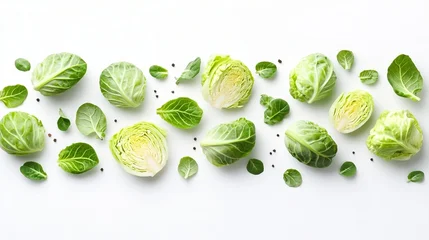 Fresh Raw Brussels Sprouts and Scattered Cabbage Leaves Isolated on a Clean White Background Set © Ilja