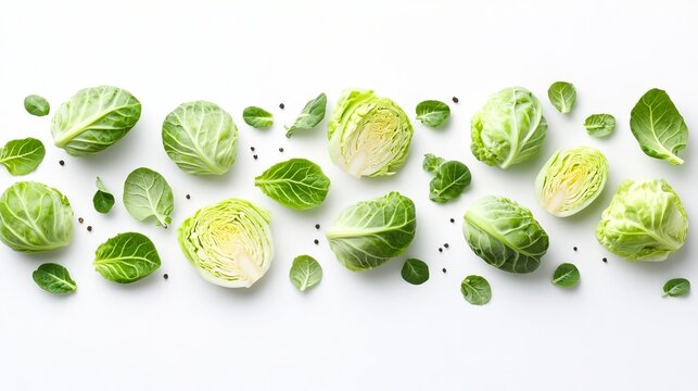 Fresh Raw Brussels Sprouts and Scattered Cabbage Leaves Isolated on a Clean White Background Set