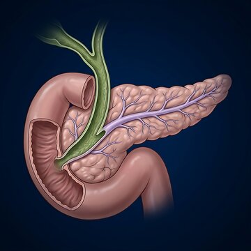 Anomalous Biliopancreatic Junction (ABPJ), showing the abnormal joining of the common bile duct and pancreatic duct, high-contrast anatomical view, dark blue backdrop, 