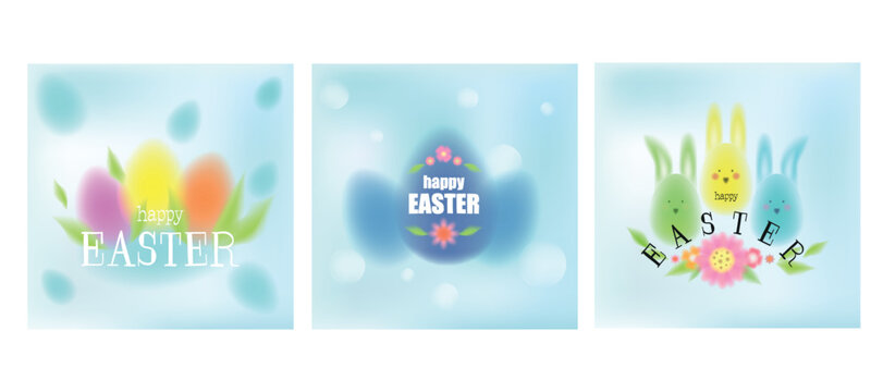 Easter card. Blur colorful eggs. Social media square post. Spring decorative design with leaves. Seasonal soft banner. Lettering festive. Watercolor greeting celebration postcard vector isolated set