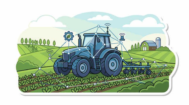 Blue tractor on a farm using smart technology for modern agriculture