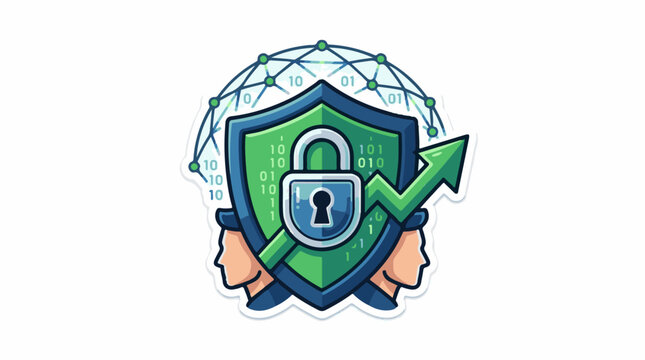 Cyber shield with lock binary code and upward trending arrow