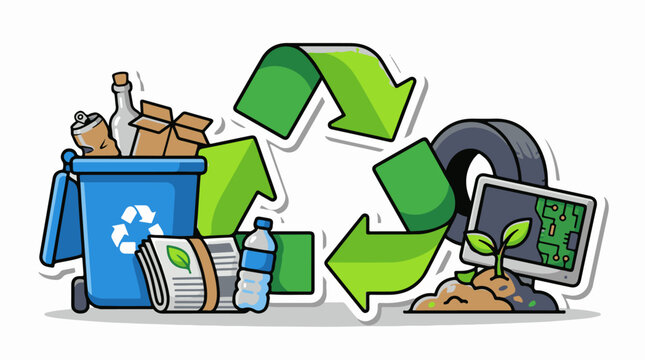 Recycling symbol with trash bin bottle paper tire and computer