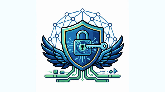 Cyber security emblem with shield lock key wings and network