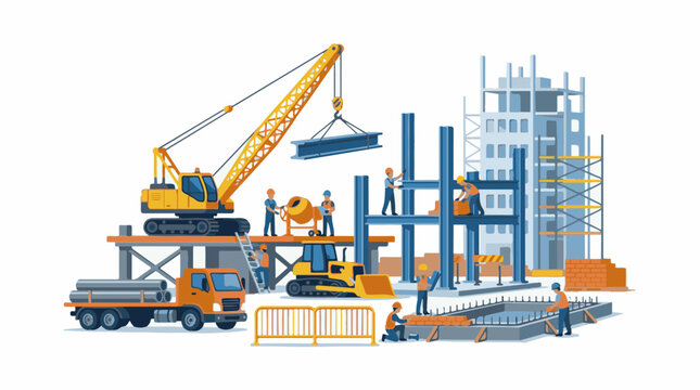 Construction scene with workers crane and building progress