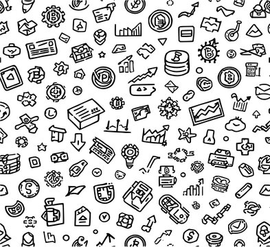 Financial technology and cryptocurrency seamless pattern, business growth, charts, and digital currency icons, minimalist line art