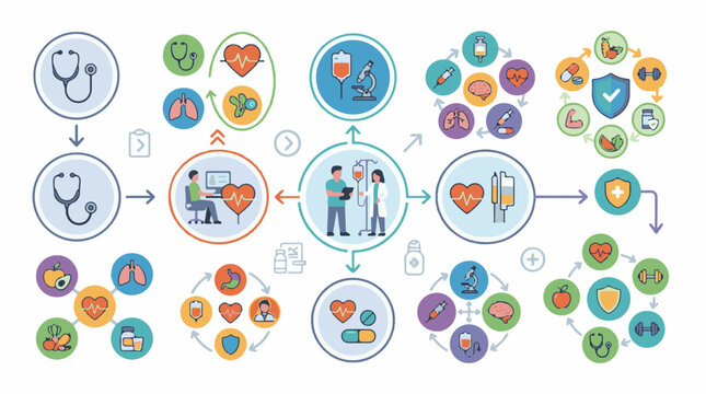Health and medical icons illustrating diagnosis treatment and wellness concepts