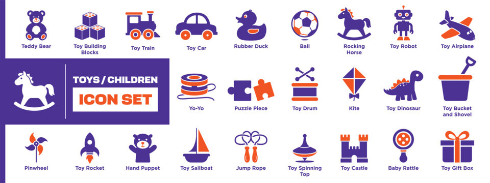 Children Toys Pictogram Icons Playtime Educational Toy Collection Featuring Teddy Bear Blocks Train Puzzle Rocket Ball Robot Gift Set
