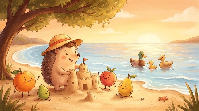 Hedgehog Family Beach Day beach family hedgehog castle flag