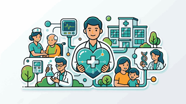 Healthcare professionals and patients in stylized medical scenes