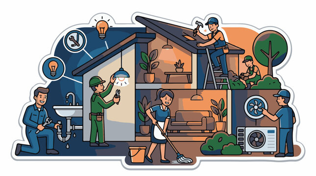 Home maintenance workers busy with various repairs and upkeep