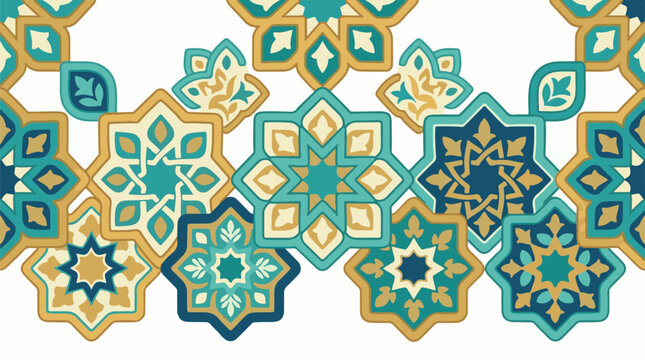 Interlocking geometric star patterns in teal gold and cream