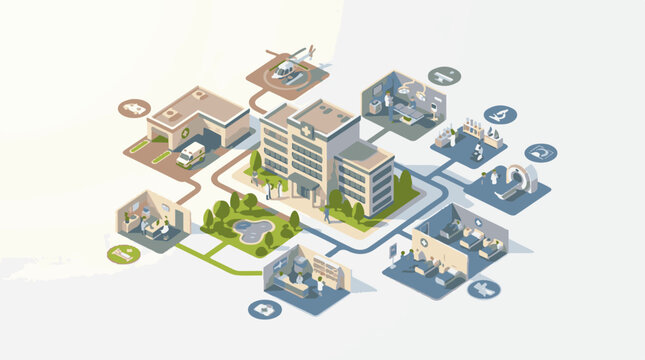 Isometric view of a modern medical complex with various departments and services