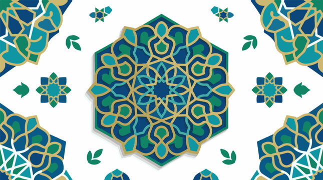 Intricate geometric patterns in blue green and gold adorn a white background