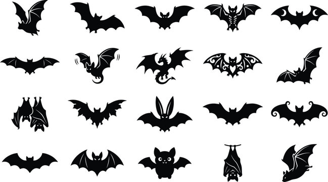 Black bat silhouettes vector collection with unique details. Spooky Halloween vampire bats and flying dragon icons set.