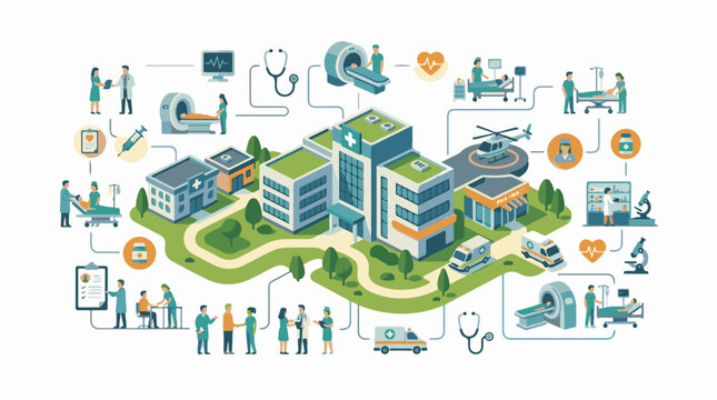 Medical campus with various healthcare services and facilities depicted