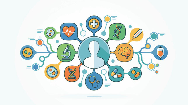 Medical icons connected to a central human silhouette