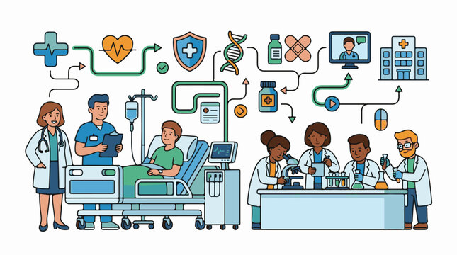 Medical professionals working and collaborating in a hospital and lab setting