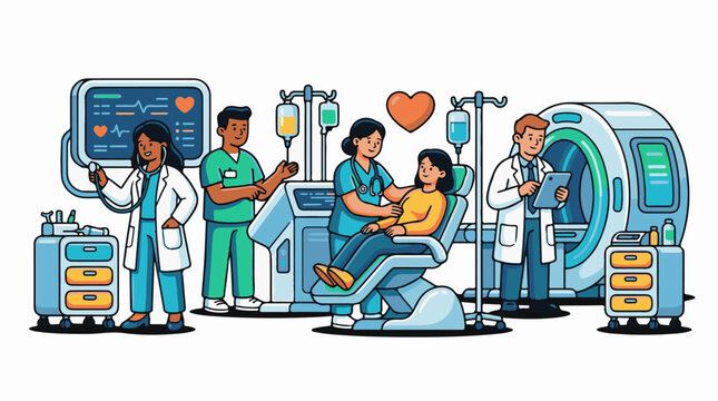 Medical professionals tending to a patient and operating advanced diagnostic equipment