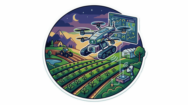 Modern farm with drone tractor and greenhouse at night