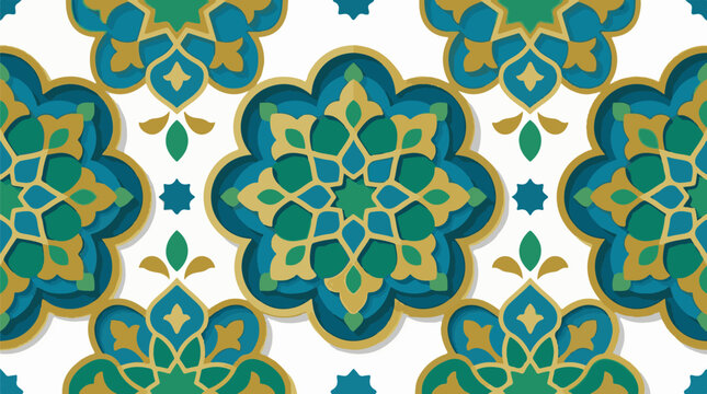 Ornate geometric repeating pattern with floral motifs in blue green and gold