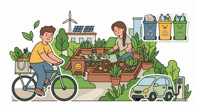 People cultivate garden cycle and charge electric car sustainably