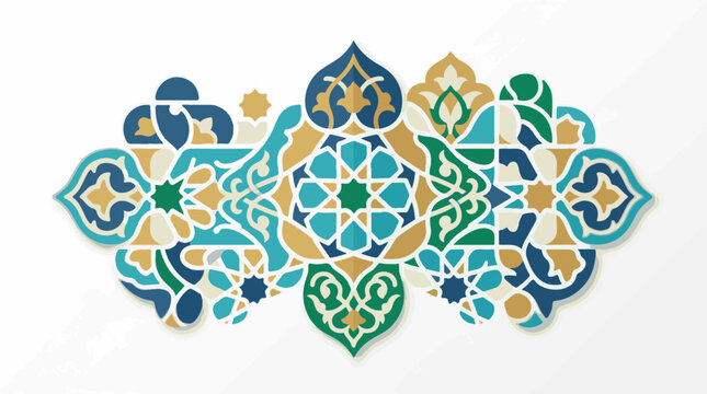 Ornate geometric pattern in blue gold and green hues