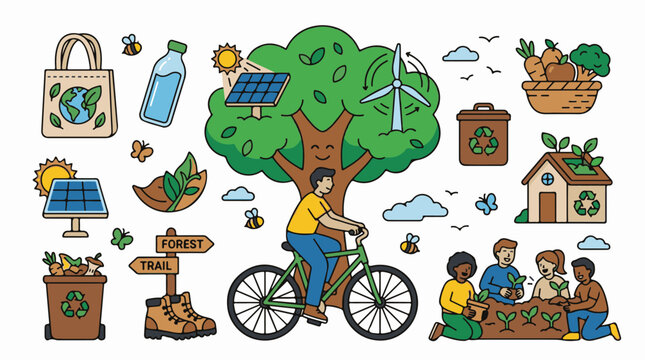 People engage in eco-friendly activities like cycling and gardening