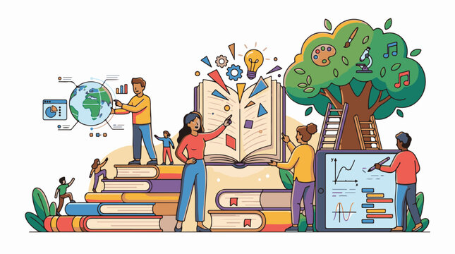 People interact with educational elements like books globe and art tree