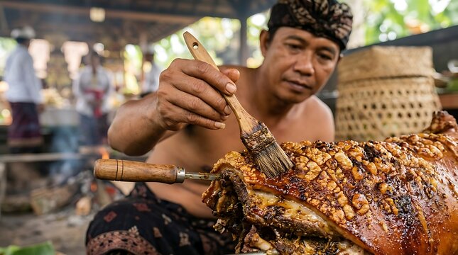 Balinese man basting traditional suckling pig with crispy skin