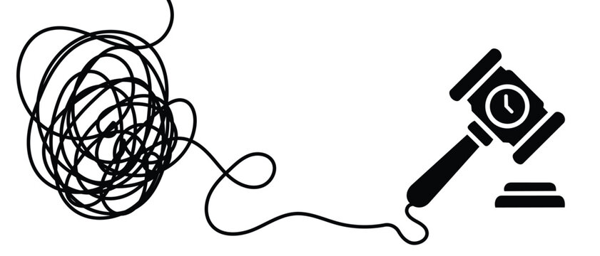 Legal system concept with tangled cable and judge gavel icon on transparent background
