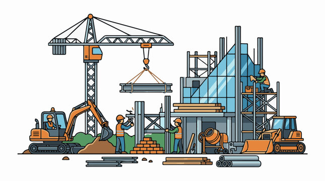 Construction site with workers crane excavator and building (4)