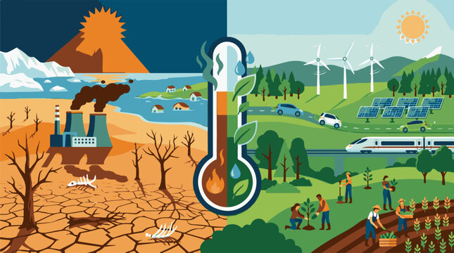 Contrast of environmental degradation and sustainable progress illustrated by a thermometer