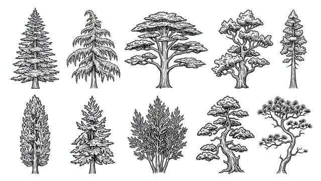 Coniferous and Bonsai Trees Set of Ten Hand Drawn Vector Illustrations