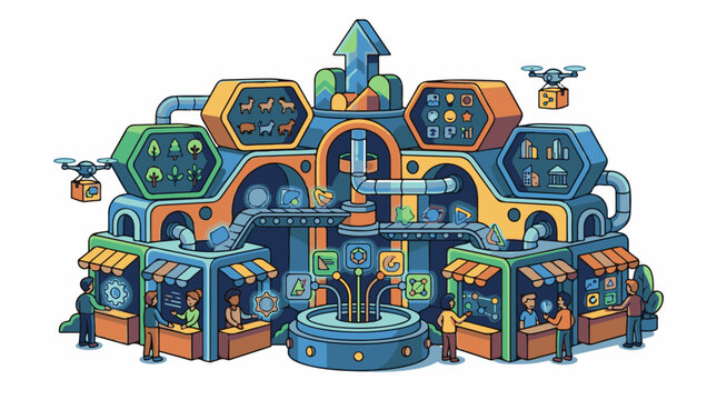 Futuristic factory with drones automated processes and market stalls