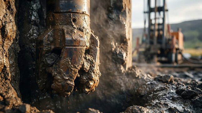 Close-up of Industrial Rotary Drill Bit Working on Excavation Site with Muddy Earth and Steam