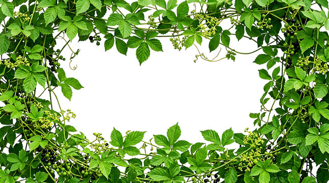  A frame made of various green leaves and vines artistically arranged to form a heart shape, with a blank white center left open for text or imagery, HD and 4k image