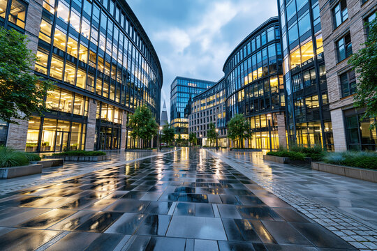 Modern Glass Office Building at Dusk AI Generative