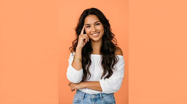 Beautiful young woman with long wavy brown hair smiling while pointing to her temple against a vibrant solid orange studio background in a casual outfit