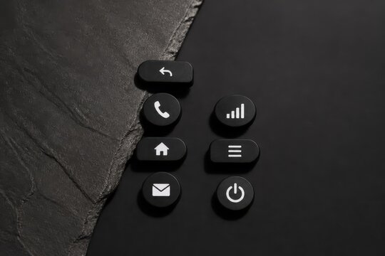 Black navigation icon buttons on dark textured background with copy space