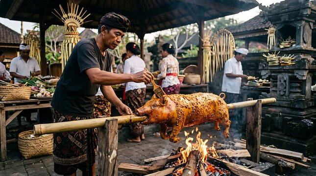 Balinese man roasting whole suckling pig over open fire outdoors