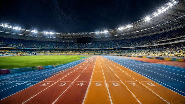 Professional athletics stadium with running track, illuminated sports arena at night, empty olympic track and field venue for competition