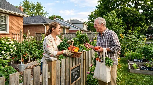 Happy couple exchanging fresh vegetables, homegrown produce, garden fence, suburban backyard