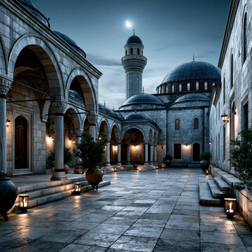Illuminated Mosque Under Crescent Moon AI Generative