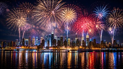 Fototapeta premium Vibrant fireworks display over city skyline at night, colorful pyrotechnic celebration above urban skyscrapers, festive holiday light show reflecting in water